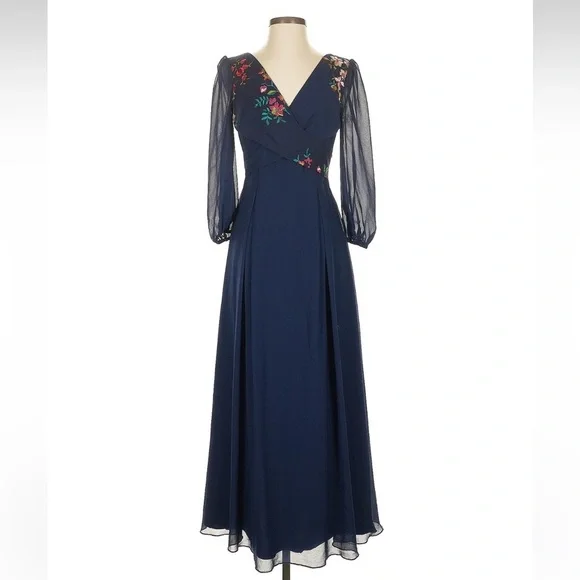 Little Mistress Navy Floral Long Sleeve Dress Size 4 - Picture 1 of 4